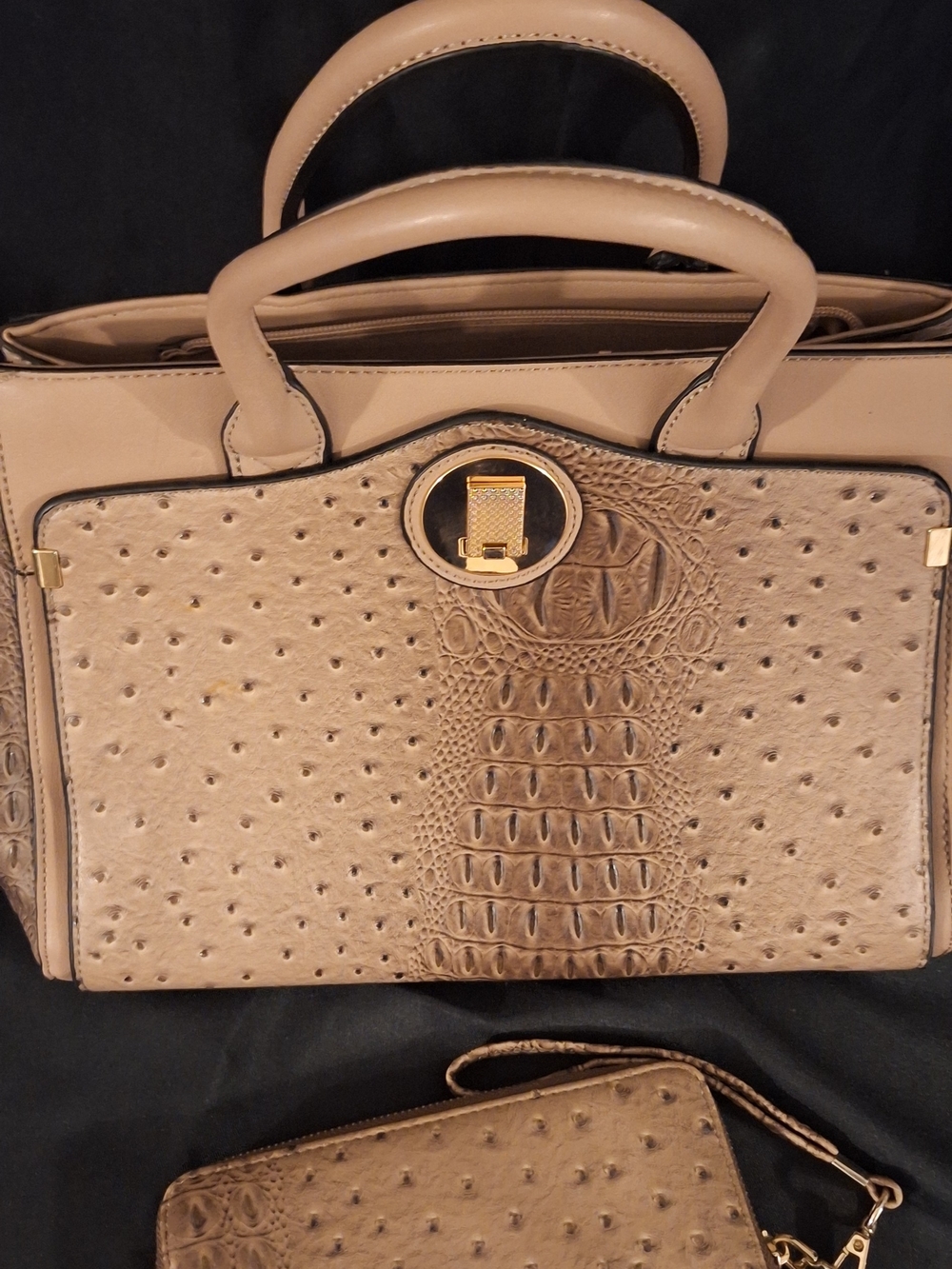 Taupe Textured Tote Bag with Matching Wristlet - Women's Fashion Handbag. - Picture 2 of 10